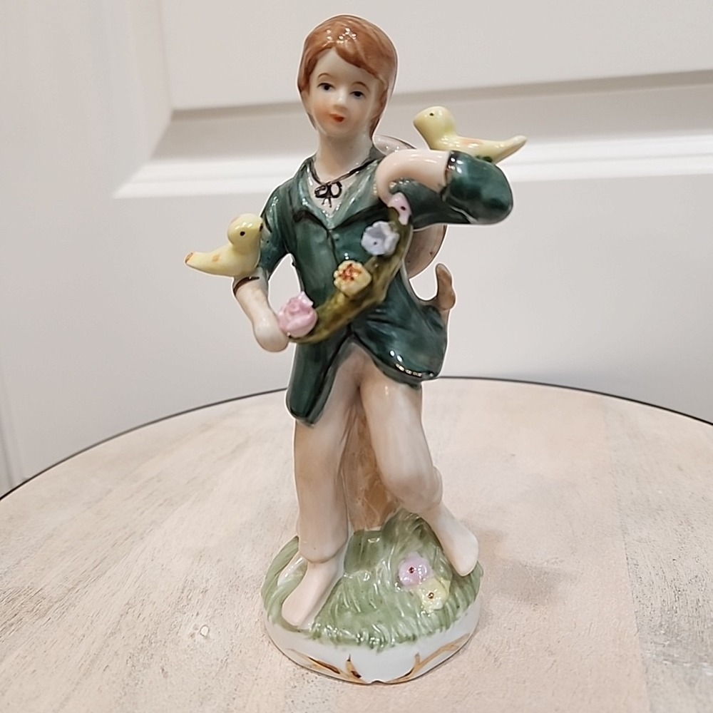VTG Cottagecore Hand Painted Spring Boy‎ Birds Flowers Barefoot Outdoor Figurine